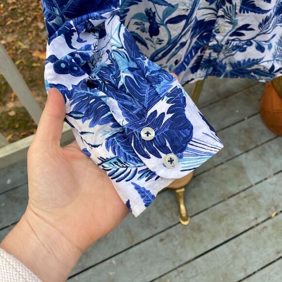 Talbots Blue White Tropical Button Up Blouse - Picture 6 of 8